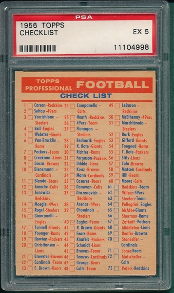 1956 Topps Football Checklist PSA 5