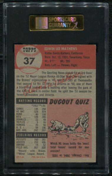 1953 Topps #37 Ed Mathews SGC 88 NM-MT 8