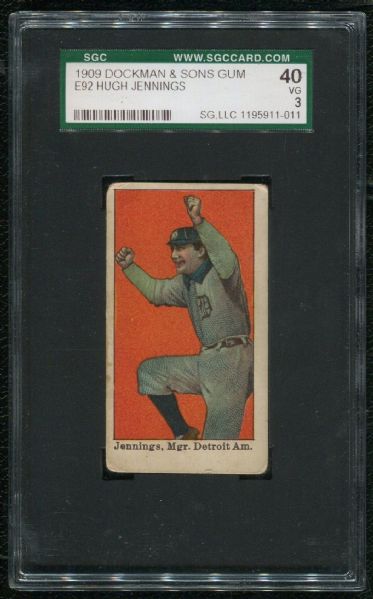 1909 Dockman & Sons Gum E92 Hugh Jennings SGC 40 VG 3