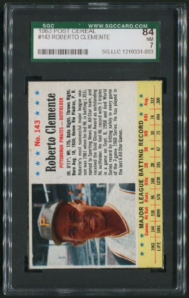 1963 Post Cereal #143 Roberto Clemente SGC 84 NM 7