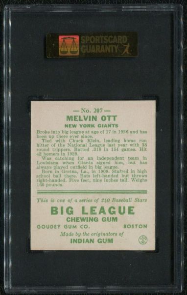 1933 Goudey #207 Mel Ott SGC 80 EX-MT 6