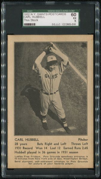 1932 N.Y. Giants Postcards Carl Hubbell SGC 60 EX 5