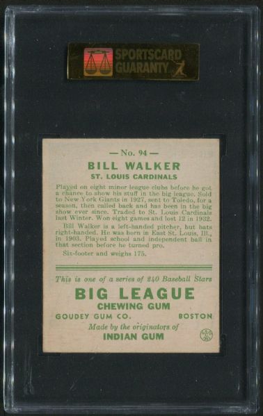 1933 Goudey #94 Bill Walker SGC 84 NM 7