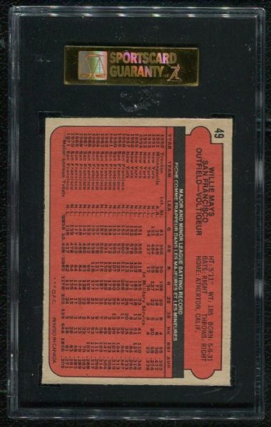 1972 O-Pee-Chee #49 Willie Mays SGC 84 NM 7