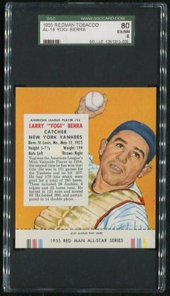 1955 Red Man Tobacco AL-16 Yogi Berra SGC 80 EX-MT 6