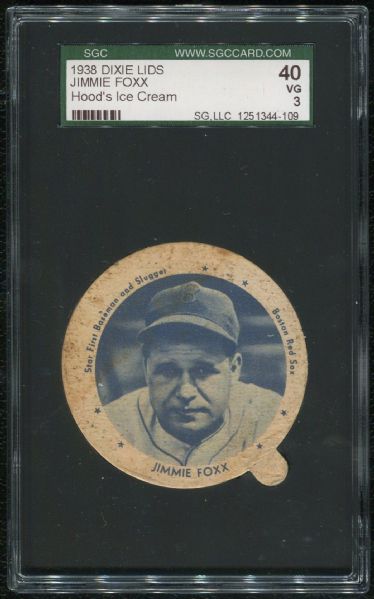 1938 Dixie Lids Hood's Ice Cream Jimmie Foxx SGC 40 VG 3