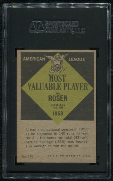 1961 Topps #474 Al Rosen MVP SGC 96 MINT 9