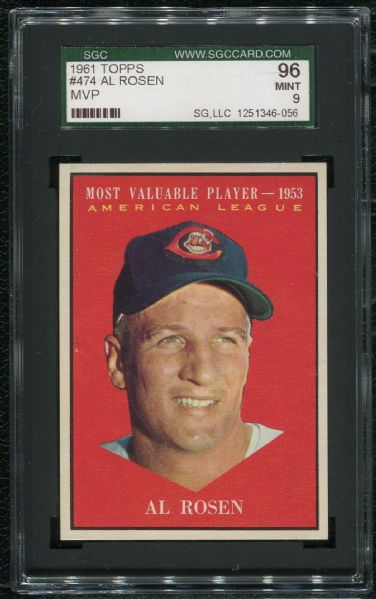 1961 Topps #474 Al Rosen MVP SGC 96 MINT 9