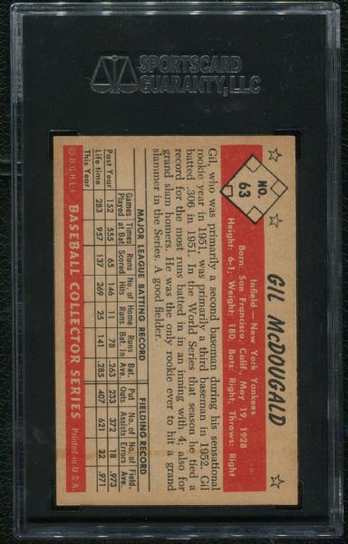 1953 Bowman Color #63 Gil McDougald SGC 84 NM 7