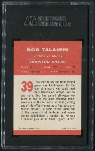 1963 Fleer #39 Bob Talamini SGC 92 NM-MT+ 8.5