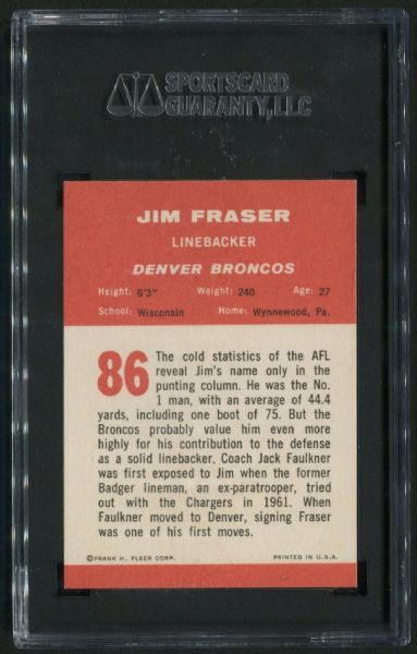 1963 Fleer #86 Jim Fraser SGC 92 NM-MT+ 8.5