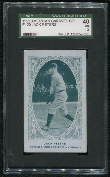 1922 American Caramel Co. E120 Jack Peters SGC 40 VG 3