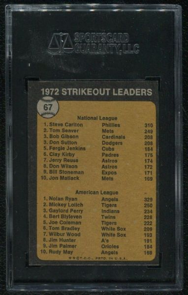 1973 Topps #67 Strikeout Leaders w/ Nolan Ryan SGC 96 MINT 9