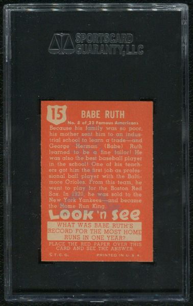 1952 Topps Look 'N See #15 Babe Ruth SGC 84 NM 7