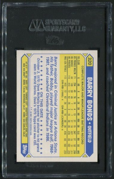 1987 Topps Tiffany #320 Barry Bonds Rookie SGC 98 GEM MINT 10