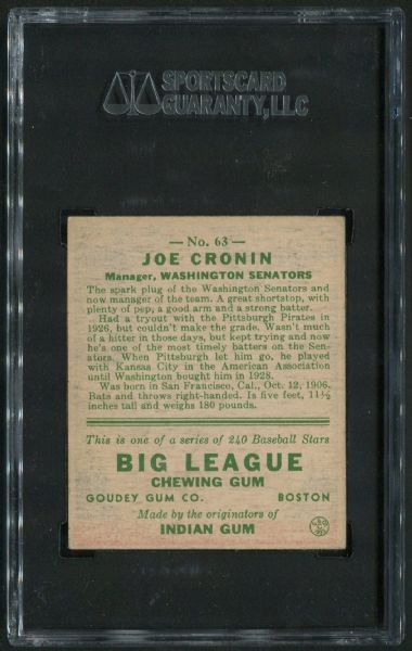 1933 Goudey #63 Joe Cronin SGC 70 EX+ 5.5