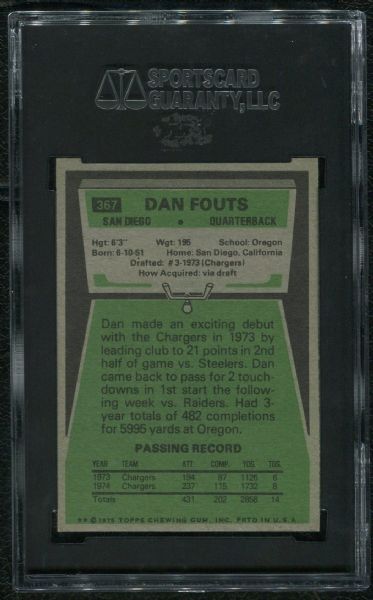 1975 Topps #367 Dan Fouts Rookie SGC 88 NM-MT 8