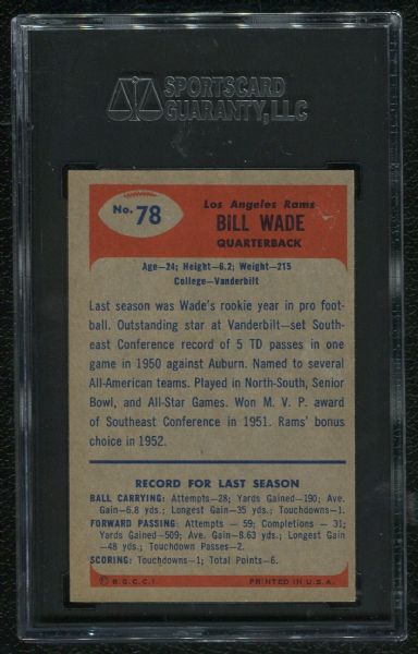 1955 Bowman #78 Bill Wade SGC 88 NM-MT 8