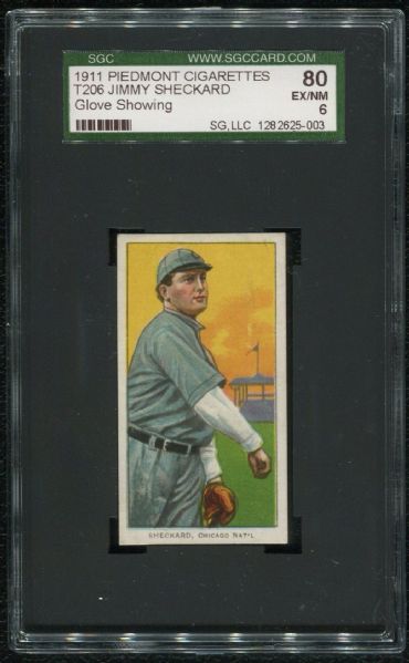 1911 Piedmont Cigarettes T206 Jimmy Sheckard Glove Showing SGC 80 EX-MT 6