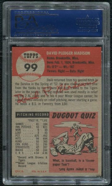 1953 Topps #99 Dave Madison PSA 9 MINT - 1 of 2