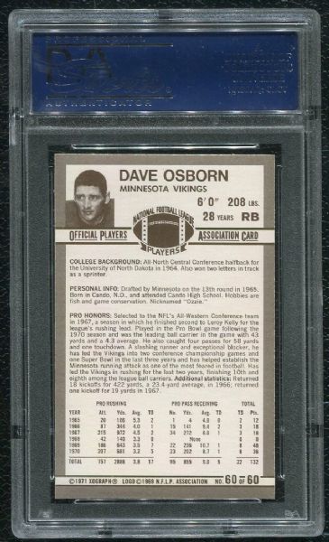 1971 Kellogg's #60 Dave Osborn PSA 10 GEM MINT