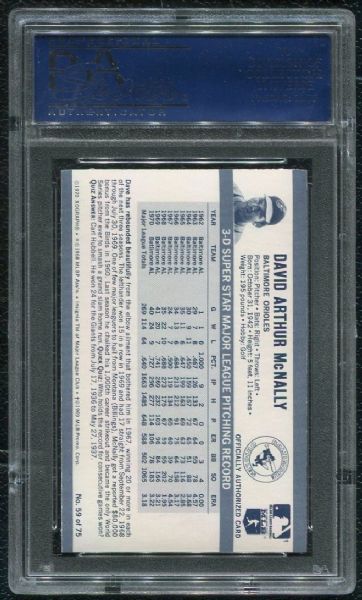 1971 Kellogg's #59 Dave McNally PSA 10 GEM MINT