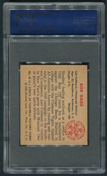 1950 Bowman #54 Bob Gage PSA 8 NM-MT