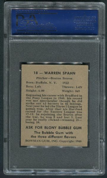 1948 Bowman #18 Warren Spahn PSA 8 NM-MT