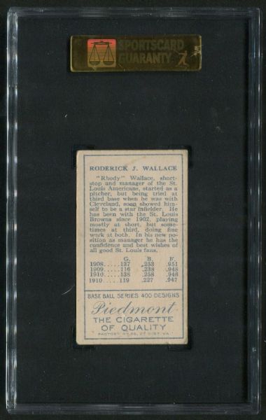 1911 Piedmont Cigarettes T205 Bobby Wallace No Cap, Two Lines of Stats SGC 50 VG-EX 4