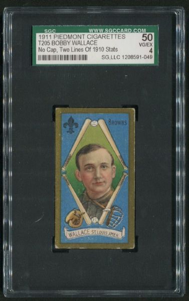 1911 Piedmont Cigarettes T205 Bobby Wallace No Cap, Two Lines of Stats SGC 50 VG-EX 4