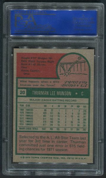 1975 Topps #20 Thurman Munson PSA 9 MINT