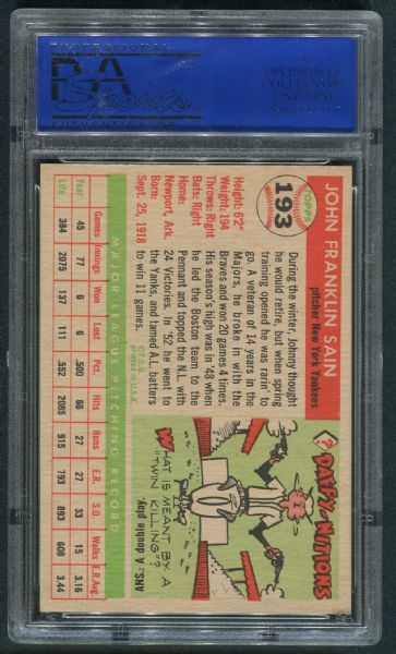 1955 Topps #193 Johnny Sain PSA 8 NM-MT