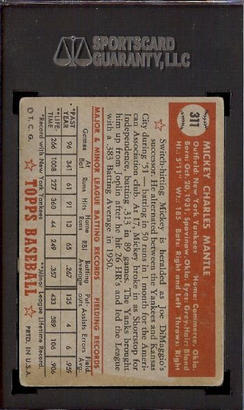 1952 Topps #311 Mickey Mantle Rookie SGC 40 VG 3