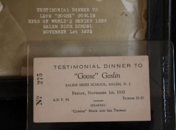 1935 Goose Goslin Testimonial Dinner Photograph & Ticket w/ Connie Mack