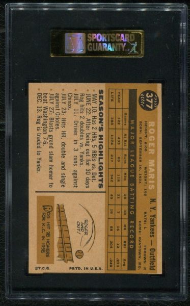 1960 Topps #377 Roger Maris SGC 88 NM-MT 8