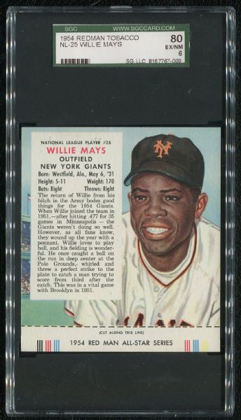 1954 Red Man Tobacco NL-25 Willie Mays SGC 80 EX-MT 6