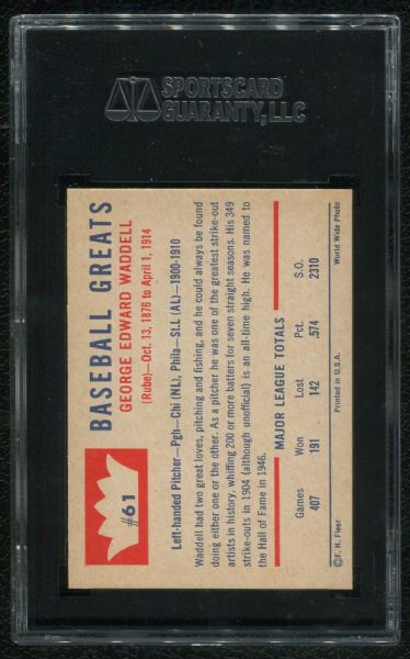 1960 Fleer #61 Rube Waddell SGC 96 MINT 9