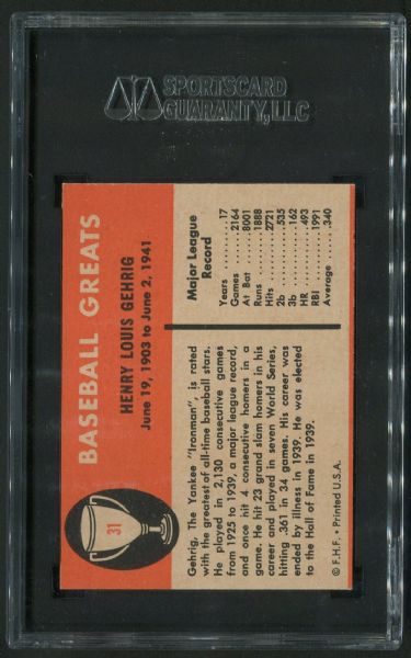 1961 Fleer #31 Lou Gehrig SGC 88 NM-MT 8