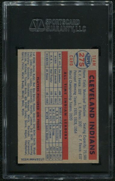 1957 Topps #275 Cleveland Indians SGC 92 NM-MT+ 8.5