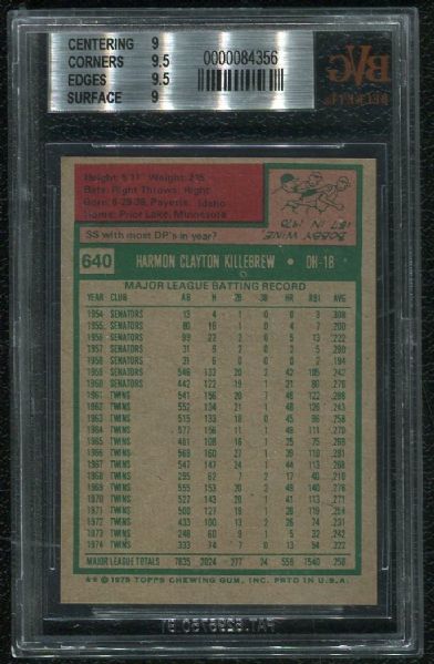 1975 Topps #640 Harmon Killebrew BVG 9 MINT