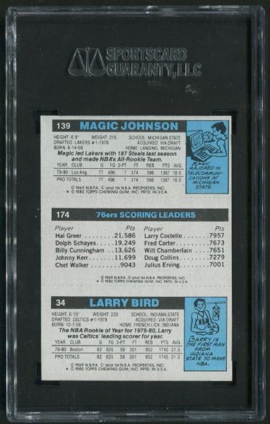 1980-81 Topps #6 Larry Bird Julius Erving Magic Johnson Rookie SGC 84 NM 7