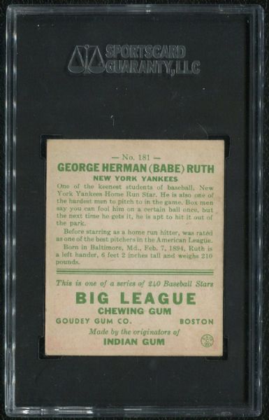 1933 Goudey #181 Babe Ruth SGC 80 EX-MT 6