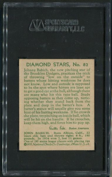 1935 Diamond Stars #82 John Babich SGC 88 NM-MT 8