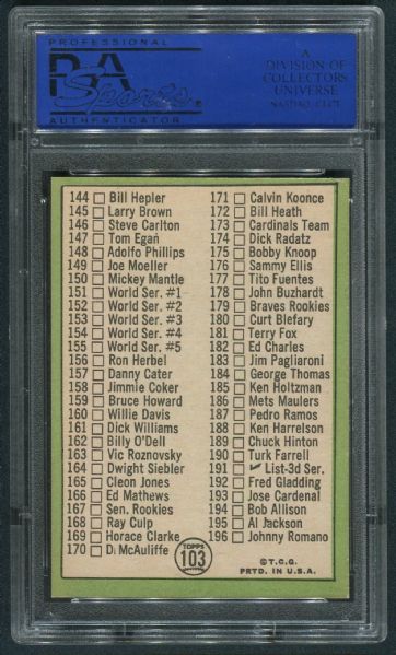 1967 Topps #103 Mickey Mantle 2nd Series Checklist PSA 9 MINT