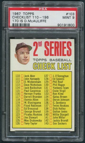 1967 Topps #103 Mickey Mantle 2nd Series Checklist PSA 9 MINT