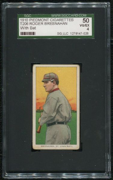 1910 Piedmont Cigarettes T206 Roger Bresnahan With Bat SGC 50 VG-EX 4