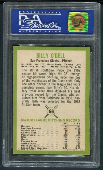 1963 Fleer #66 Billy O'Dell PSA 8 NM-MT