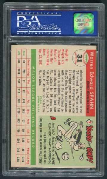 1955 Topps #31 Warren Spahn PSA 7 NM