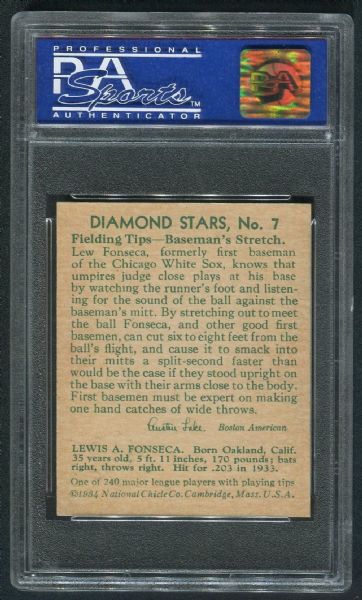 1934 Diamond Stars #7 Lew Fonseca PSA 7 NM