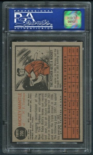 1962 Topps #200 Mickey Mantle PSA 6 EX-MT